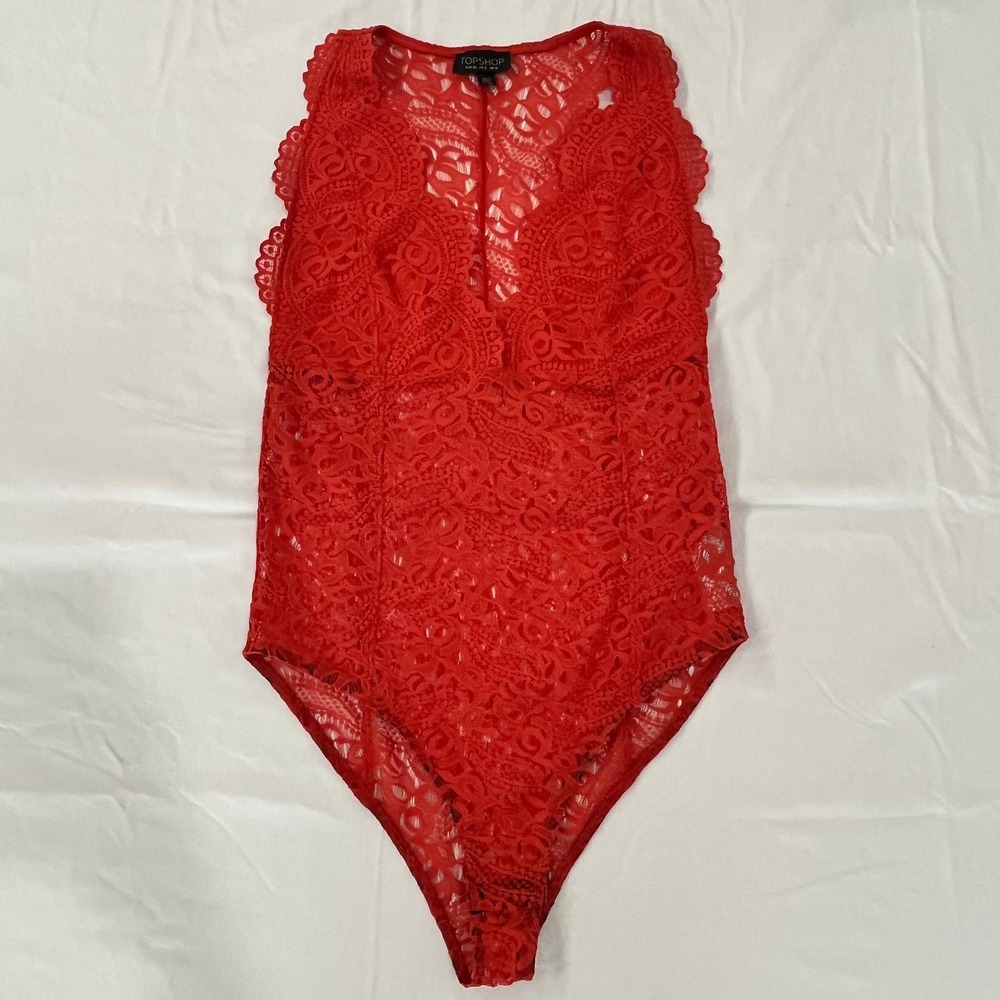 Topshop Coral Lace Plunge Bodysuit V Neck Sleeveless Lingerie‎ US Size 8